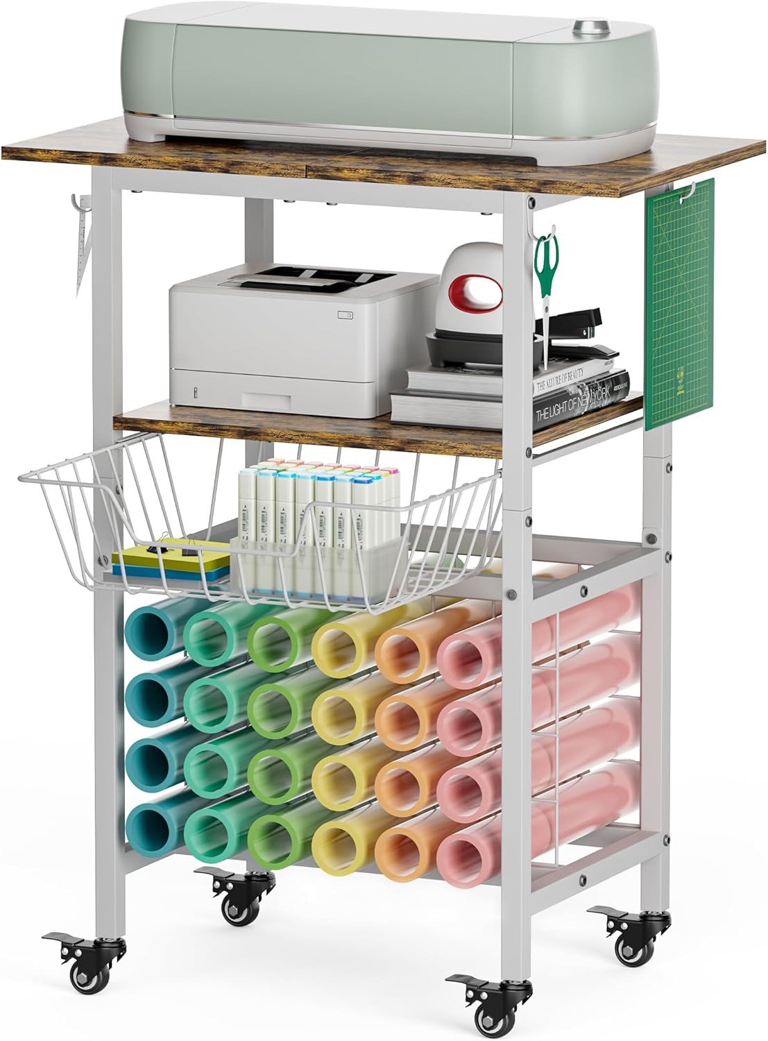 Queension Craft Cart with Wheels Compatible with Cricut Machines, Craft Organization and Storage Stand with Craft Table for Cricut Accessories, Rolling Storage Cart with 24 Vinyl Roll Hollers，Black