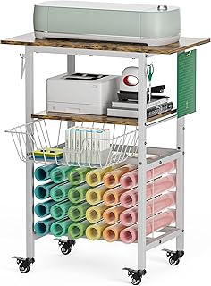 Queension Craft Cart with Wheels Compatible with Cricut Machines, Craft Organization and Storage Stand with Craft Table for Cricut Accessories, Rolling Storage Cart with 24 Vinyl Roll Hollers, White