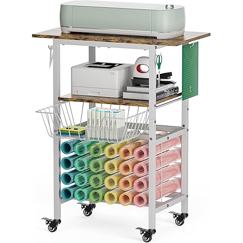 Queension Craft Cart with Wheels Compatible with Cricut Machines, Craft Organization and Storage Stand with Craft Table for Cricut Accessories, Rolling Storage Cart with 24 Vinyl Roll Hollers, White