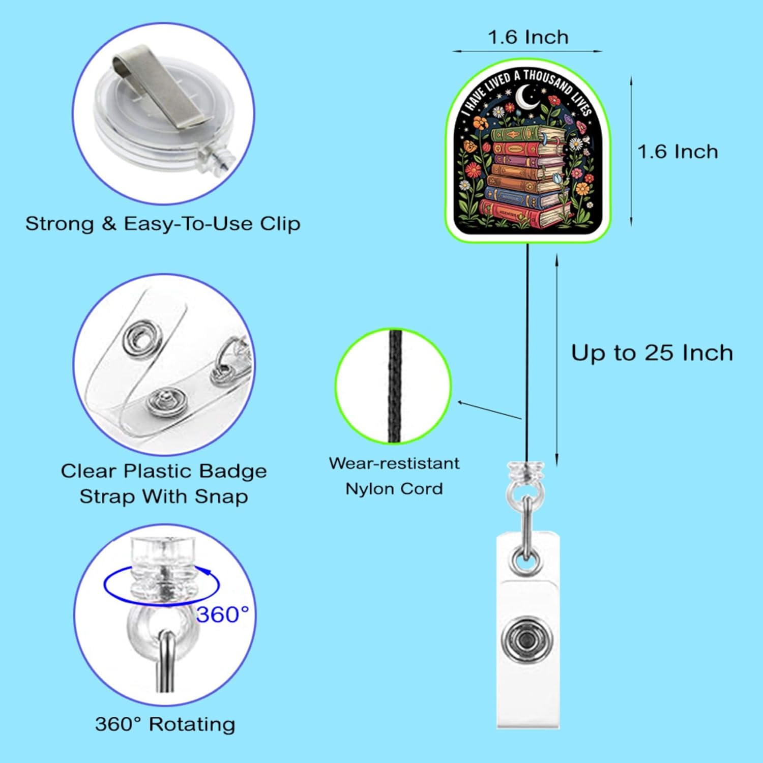 (4PCS) Happiest When I'm Reading Badge Reels Retractable, Name Badge Holder Reel ID Clip, Readers Book Lover Bookish Booktok Pediatric Decorative Gifts for Readers Nurses Office Worker Teacher Student - Image 3