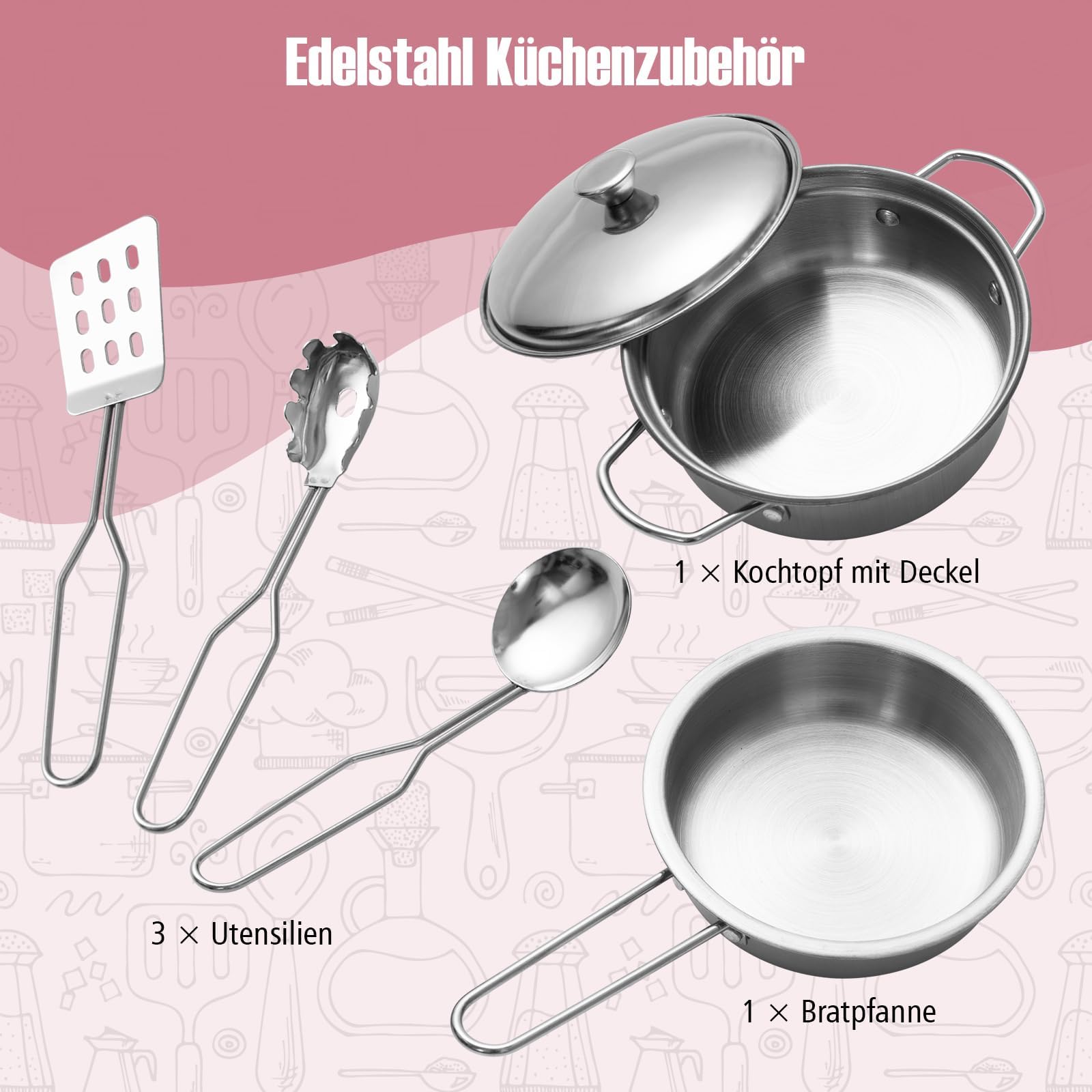 FANTASK Kinderküche mit Spielzubehör, Spielküche aus Holz inkl. Dunstabzugshaube & Waschmaschine & echten Geräuschen & Lichtern, Koch Spielset für Kinder ab 3 Jahren, Rosa (71 x 29 x 101 cm)
