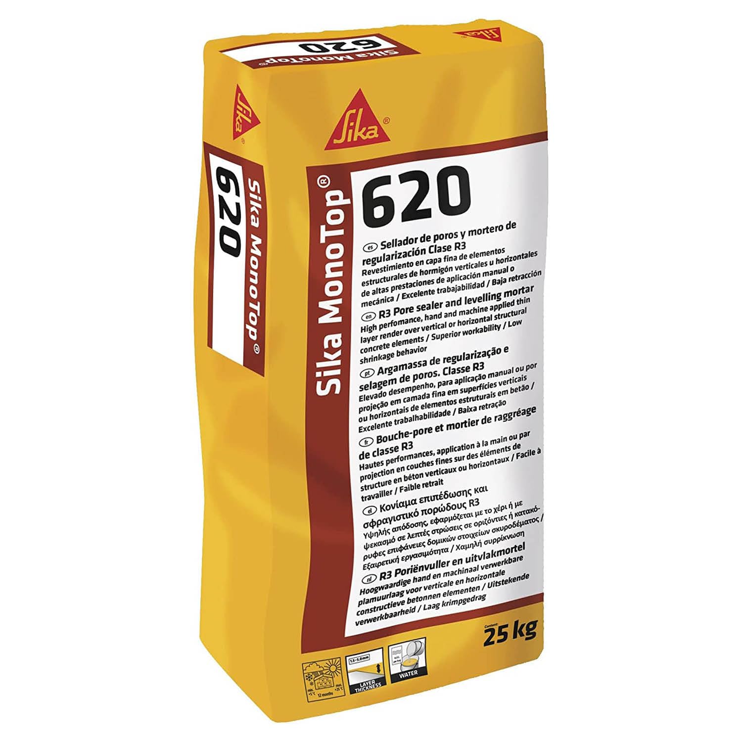 SIKA - Mortero reparación capa fina R3 - Sika MonoTop 620 - Gris - 25kg | Alisado y reparación de hormigón - Clase R3 - Para superficies y estructuras - Acabado gris uniforme