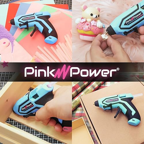 Miniatura 6 de Pink Power Kit de mini pistola de pegamento caliente inalámbrica azul con soporte, 20 varillas, funciona con pilas, inalámbrica, calentamiento