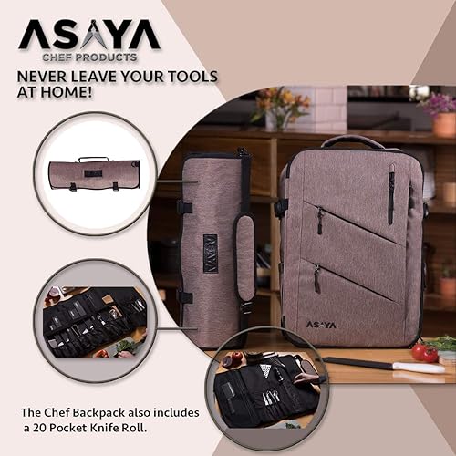 Miniatura 4 de Asaya Mochila para cuchillos de chef con bolsa enrollable de 20 bolsillos, más de 30 bolsillos para cuchillos y utensilios de cocina, nailon