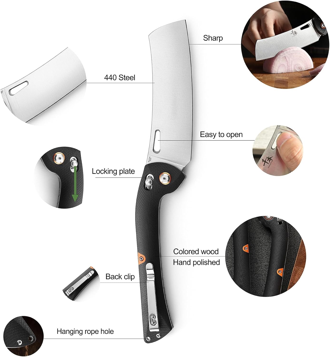 SENBON 440 Stainless Steel Lightweight Ultra Sharp Pocket Folding Chef Knife Peeling Utility Knife Fruit Knife g10 Handle with Back Clip