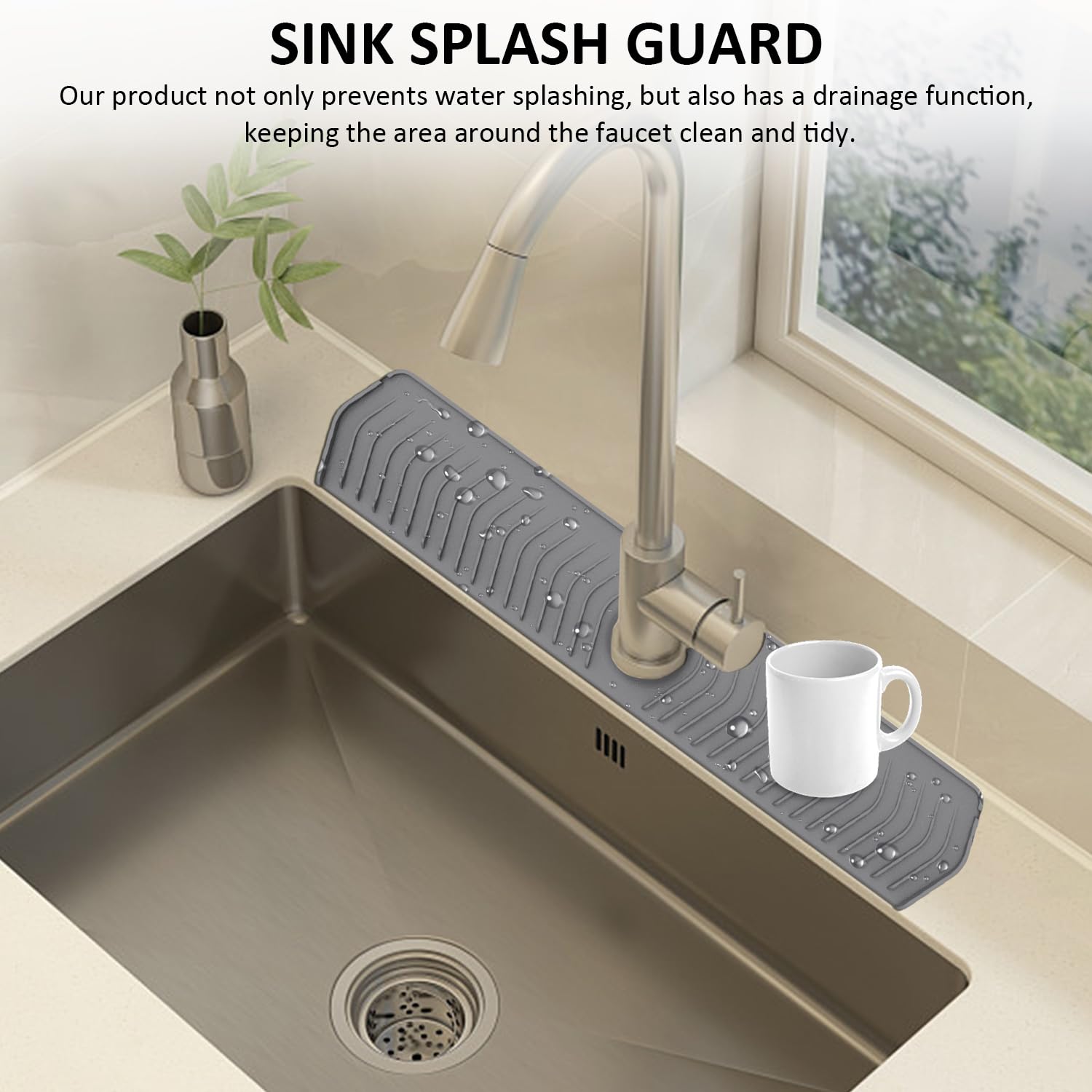 1 Piece Kitchen Sink Splash Mat Silicone Faucet Handle Drip Catcher Tray Sink Splash Guard Behind Faucet Protector Mat for Kitchen (Grey) - Image 4
