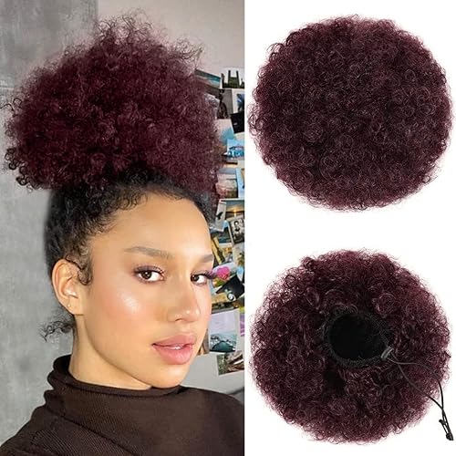 ISWEET Extensiones afro con cordón extensiones de moño afro rizado negro a borgoña extensiones de cabello afro corto para mujeres negras negro a
