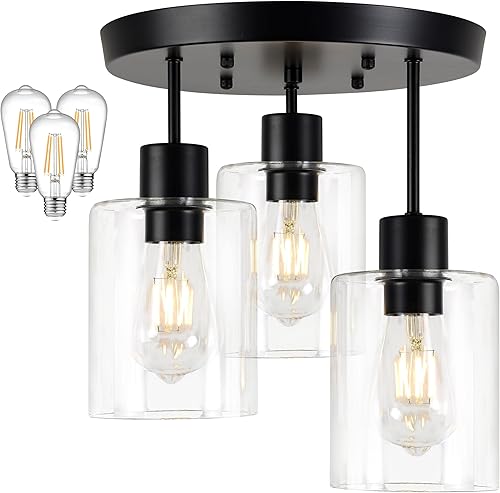 Lámpara de techo semiempotrada con pantalla de vidrio transparente, acabado negro mate, 3 lámparas de cocina, lámparas de pasillo, lámparas
