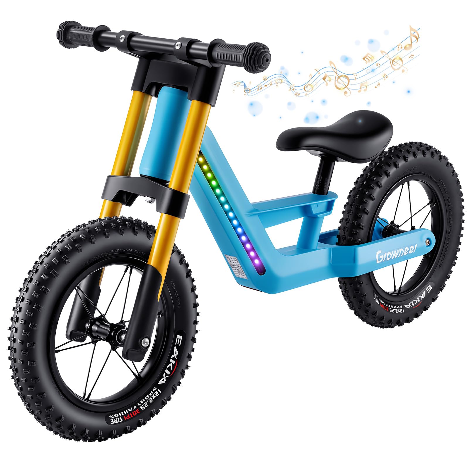 GROWNEER Kids Balance Bike with LED Lights and Music, 12" Lightweight Nylon Fibre Frame No Pedal Bike, Adjustable Seat, Pneumatic Tyres, First Bike for Boys Girls Aged 3-5 Years, Blue
