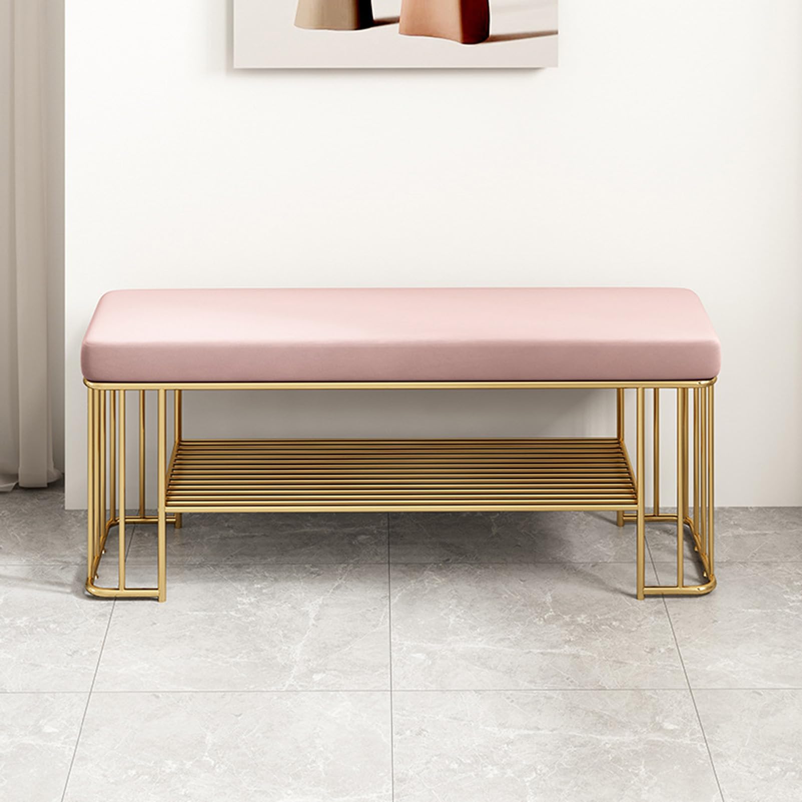 GDMDPTE Velvet Upholstered Shoe Storage Bench 2-Tier Entryway Shoe Rack with Elegant Gold Frame Stylish Hallway nizer for Shoes and Seating