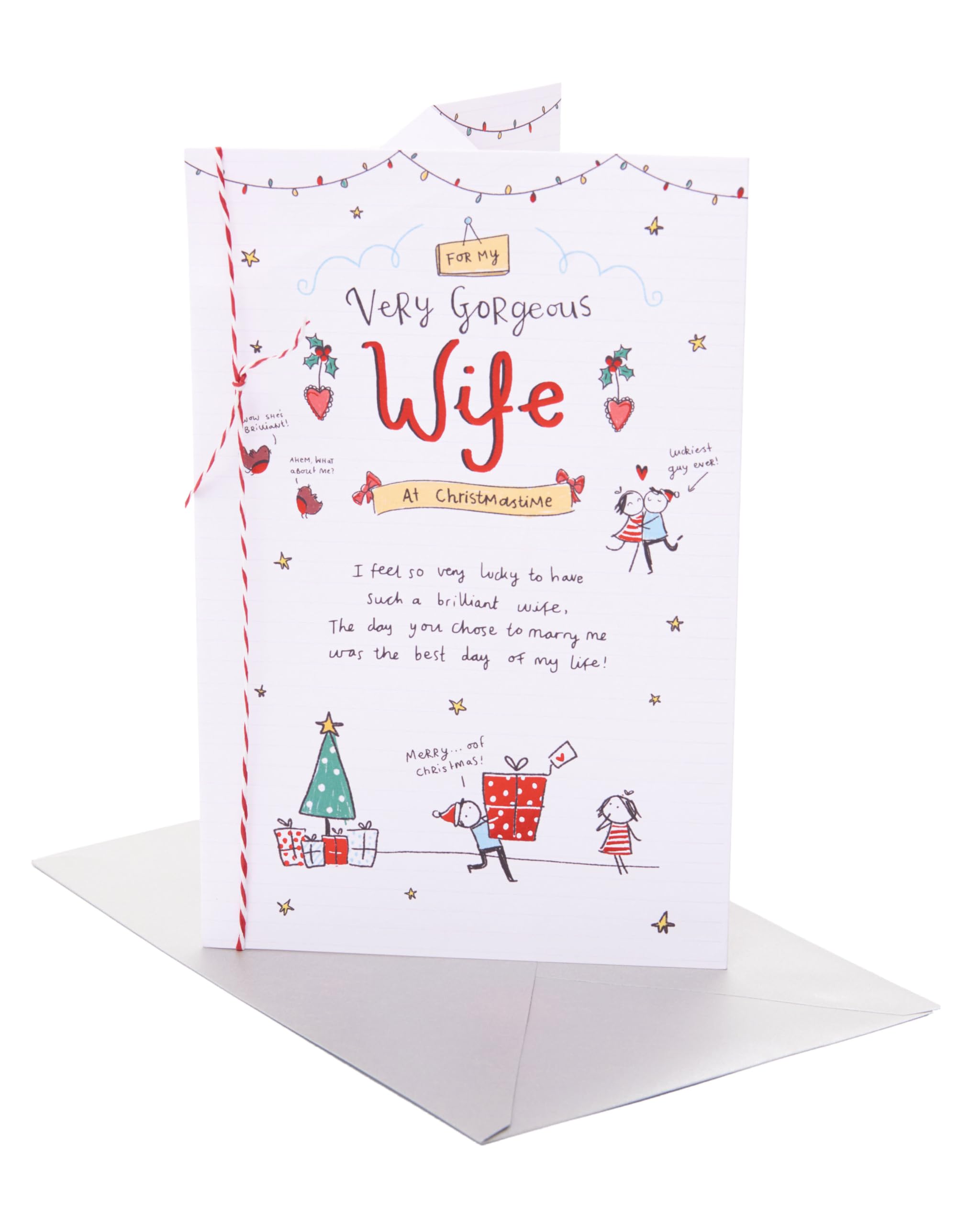 Biglietto di auguri di Natale quadrato di lusso: a mia moglie con amore, moderno design floreale a forma di cuore, prodotto nel Regno Unito