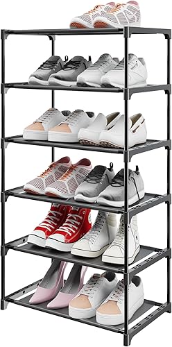 Zapatero pequeño de 6 niveles, apilable no tejido, organizador de almacenamiento de zapatos estrecho de metal para entrada, pasillo, armario