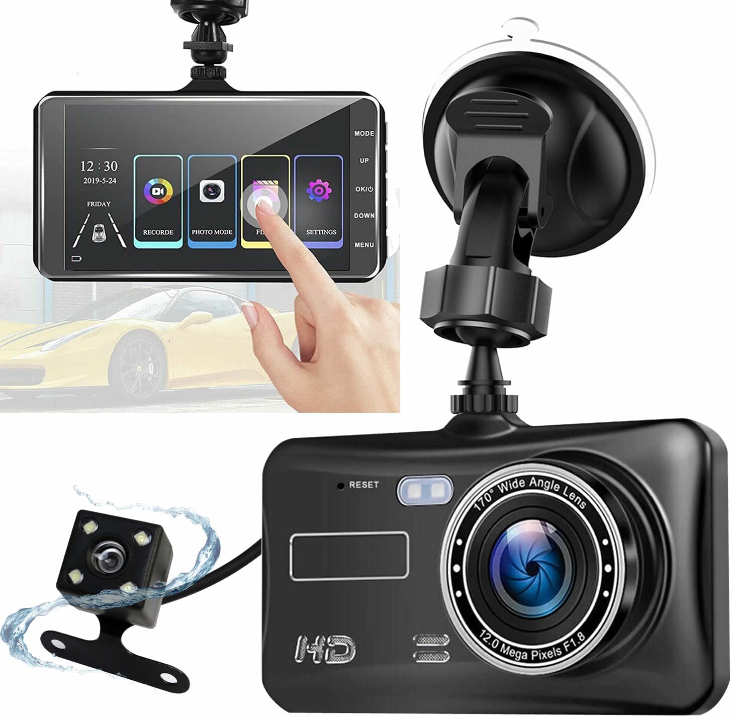 Dash Cam Front and Rear with 4.0 Inch PSI Touch screen ** SD CARD INCLUDED ** 1080P Full HD Dual Dash Cam 170 Wide Angle HDR LCD Display Night Vision Motion Detection Loop Recording and G-sensor