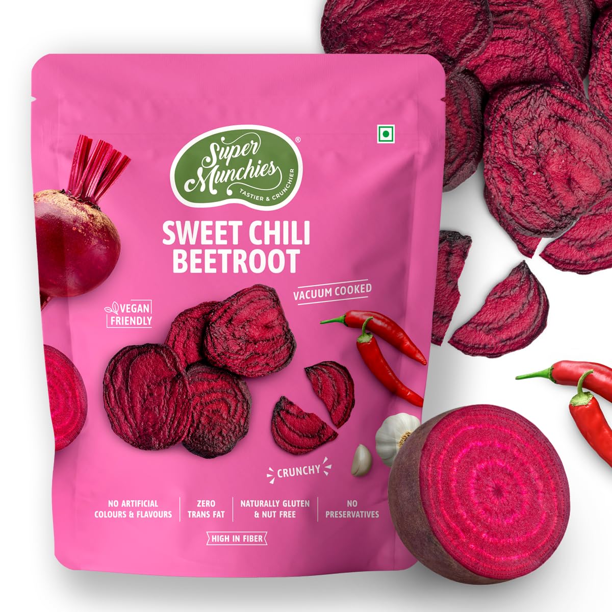 Super Munchies Sweet Chilli Beetroot Chips | Crunchy Vacuum Cooked Snack | High in Fiber | Vegan, Gluten Free, No MSG, No Preservatives | Zero Trans Fat (Pack of 3, Sweet Chilli)-image-9