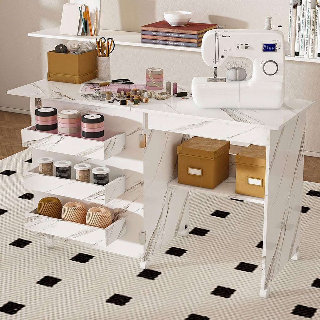 Folding Sewing Table with Storage, Multipurpose Rolling Craft Station Cabinet with Wheels, 4-in-1 Sewing Machine Desk Workstation, Foldable Craft Table with Shelves for Small Spaces, White,White