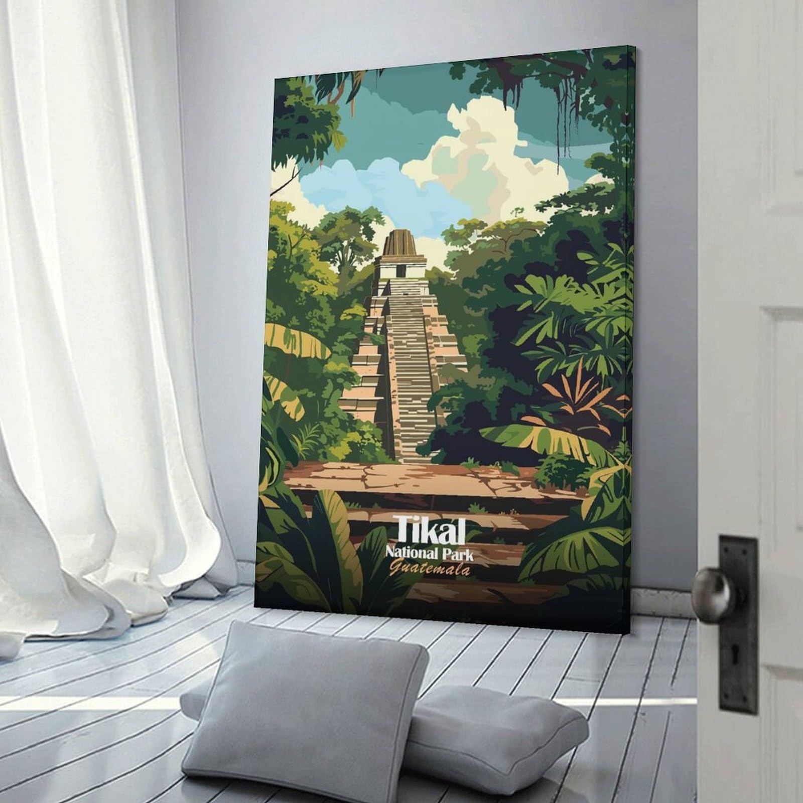 Junmoney Tikal National Park Guatemala Illustration Canvas Wall Decor 20x30inch(50x75cm), for Corridors, Hallways Or Apartment Entries, A Stylish Accent for Home Entrances