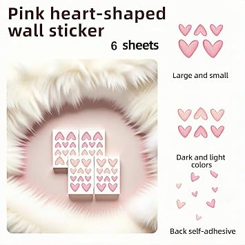 BUBBLE-FLY 60 Pcs Pink Heart Wall Decals, Repositionable PVC Wall Decals for Girls Room, Nursery, Bedroom, Living Room Decor - Easy Peel & Stick