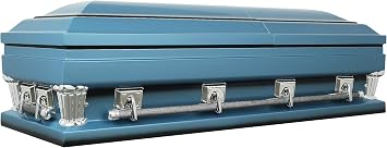 Overnight Caskets Frank Oversized Casket Blue w/Light Blue Velvet Interior | Extra-wide 18-gauge steel construction with plush velvet interior lining, fully appointed adult casket, pillow & throw set