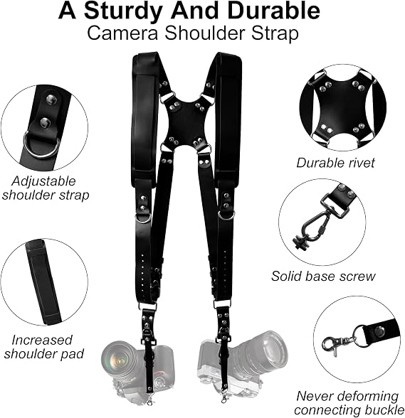 Double Camera Strap, Shoulder Camera Strap Harness Leather Dual Camera Strap for Two DSLR/SLR Cameras, Adjustable