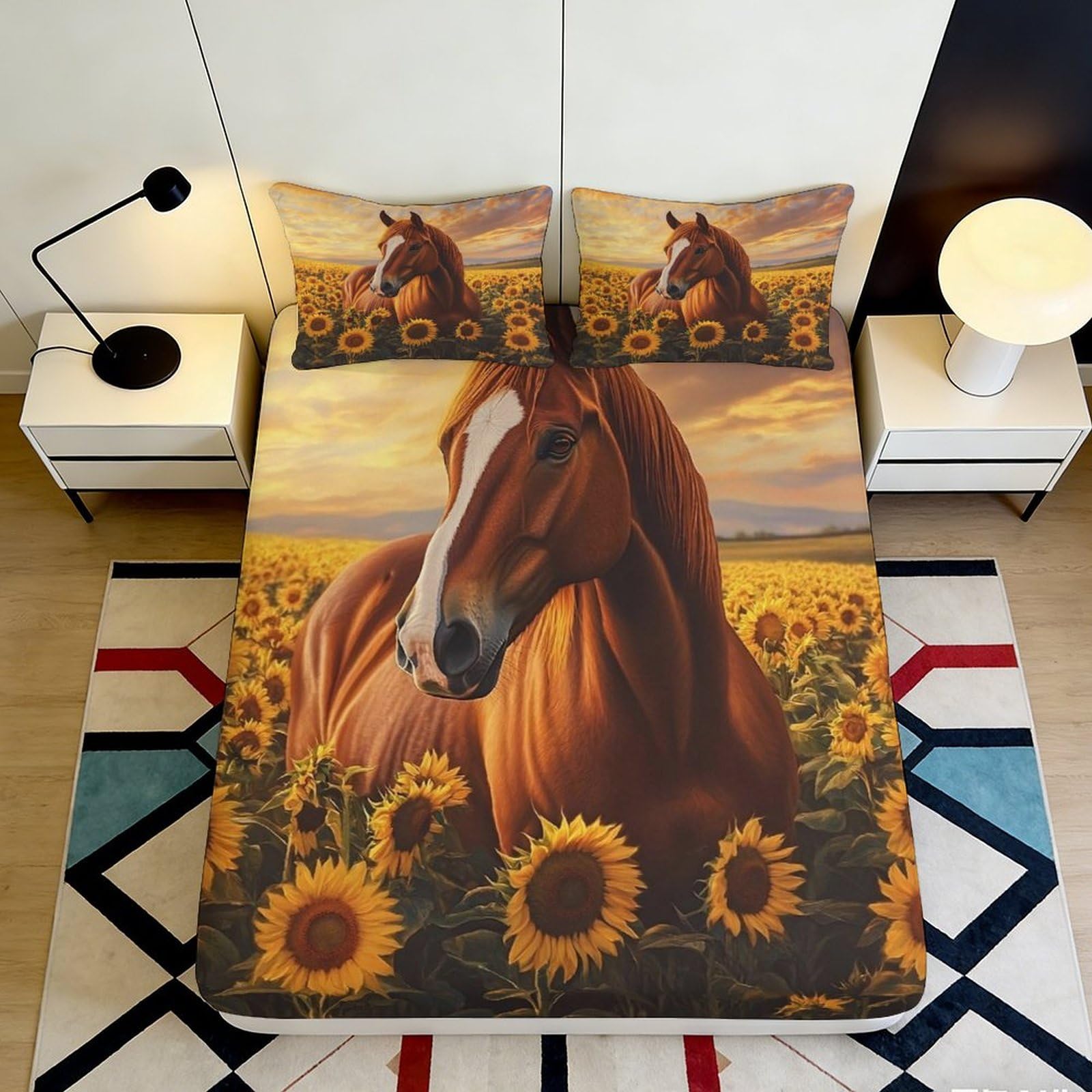 3D Printed Sunflower Horse Fitted Sheet Microfiber Soft Breathable Bed Cover for Bedroom Guestroom Decor 90x200x25cm