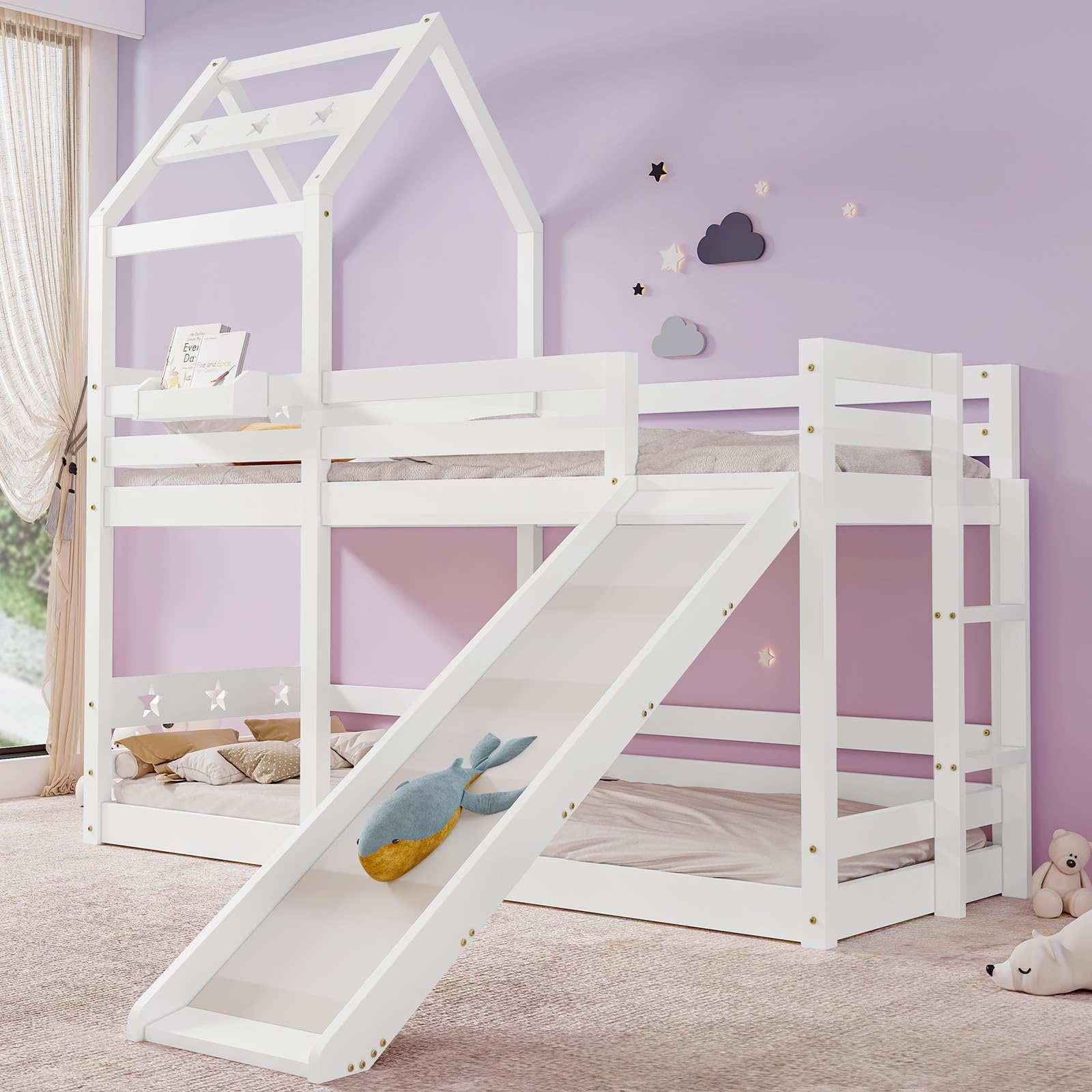 Weiß Kinderbett 90 X 200 cm Baumhaus Mit Rutsche Und Leiter, Hochbett Für Kinder– 2X Lattenrost