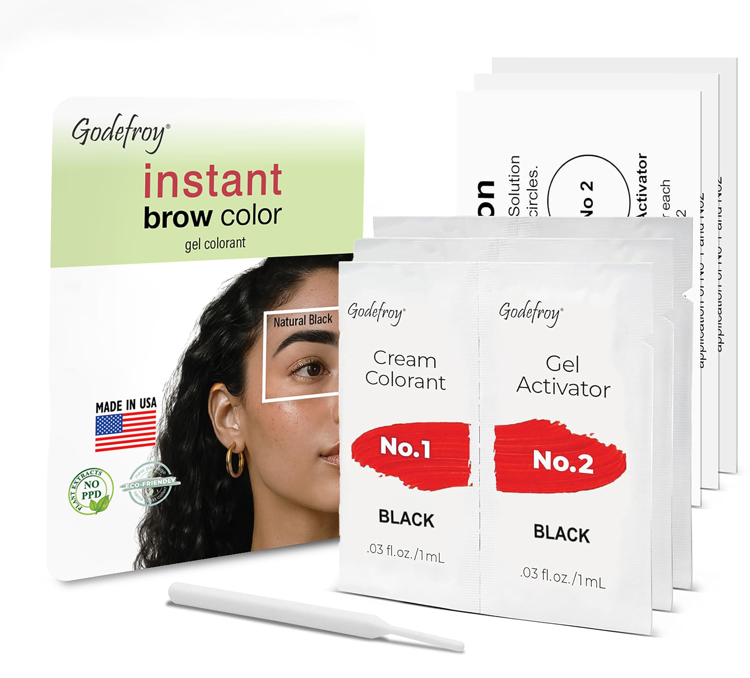 Godefroy Temporary Brow Color, Natural Black, 3 Applications, Fast-Acting