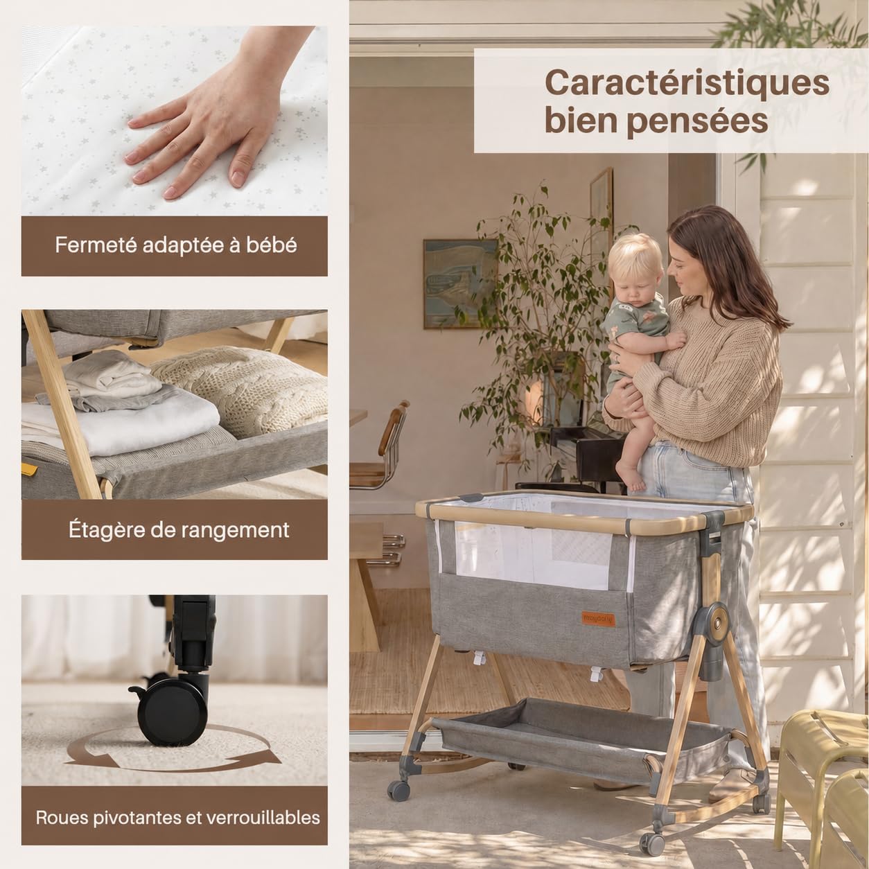 Maydolly Lit d'appoint 3 en1 Berceau avec Matelas Hauteur Réglable Inclinable Gris