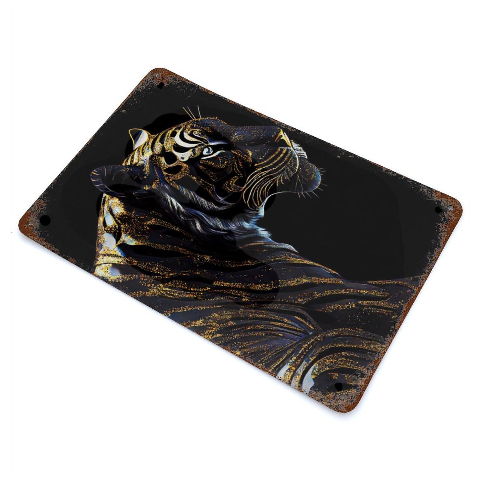 Rustic Tin Plaque Black Golden Tiger 11.8"x7.9", Retro Wall Decor for Shed, Workshop And Garage Wall Decor