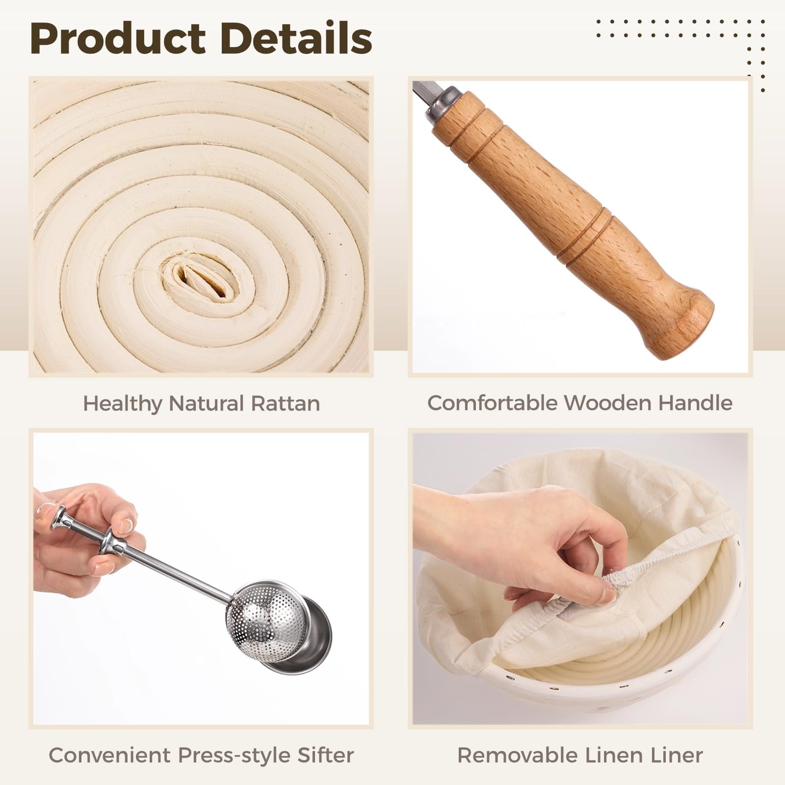 Banneton Brot Gärkörbe Set, 9 Zoll runder und 10 Zoll ovaler Backkorb mit Bäckerlame, dänischem Schneebesen, Teigschabern, Sieb und Reinigungsbürste, Sauerteig Werkzeugset, Brotbackwerkzeuge