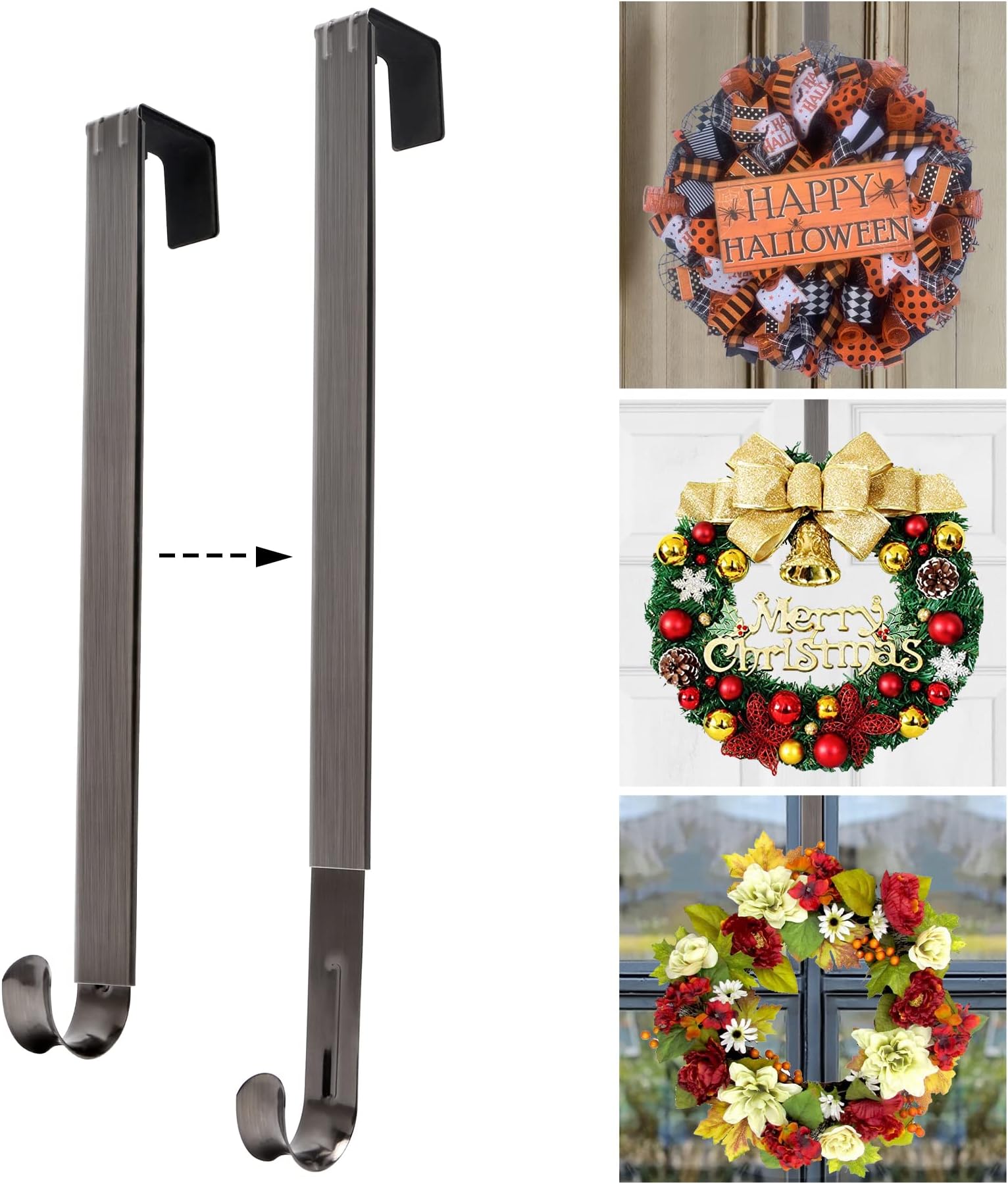 Wreath Door Hanger,Adjustable Fall Wreath Hanger for Front Door Decor from 15-24in,20lbs Metal Wreath Hanger Over the Door Hooks for Christmas,Easter,Halloween Decorations, Welcome Sign for Front Door