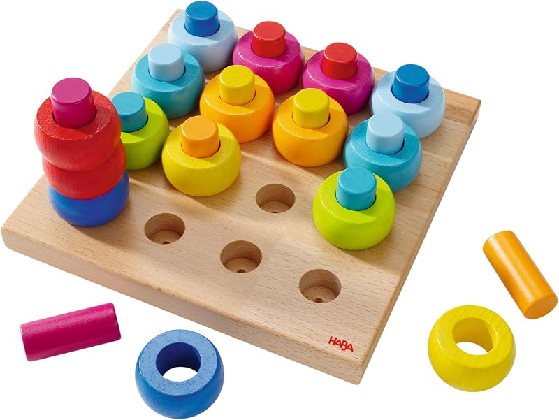 HABA Rainbow Whirls Clasificador de formas de anillos de madera para clasificar y apilar, juguetes educativos para niños de 2 años en adelante, juguetes de motricidad fina para clasificar colores, fabricado en Alemania