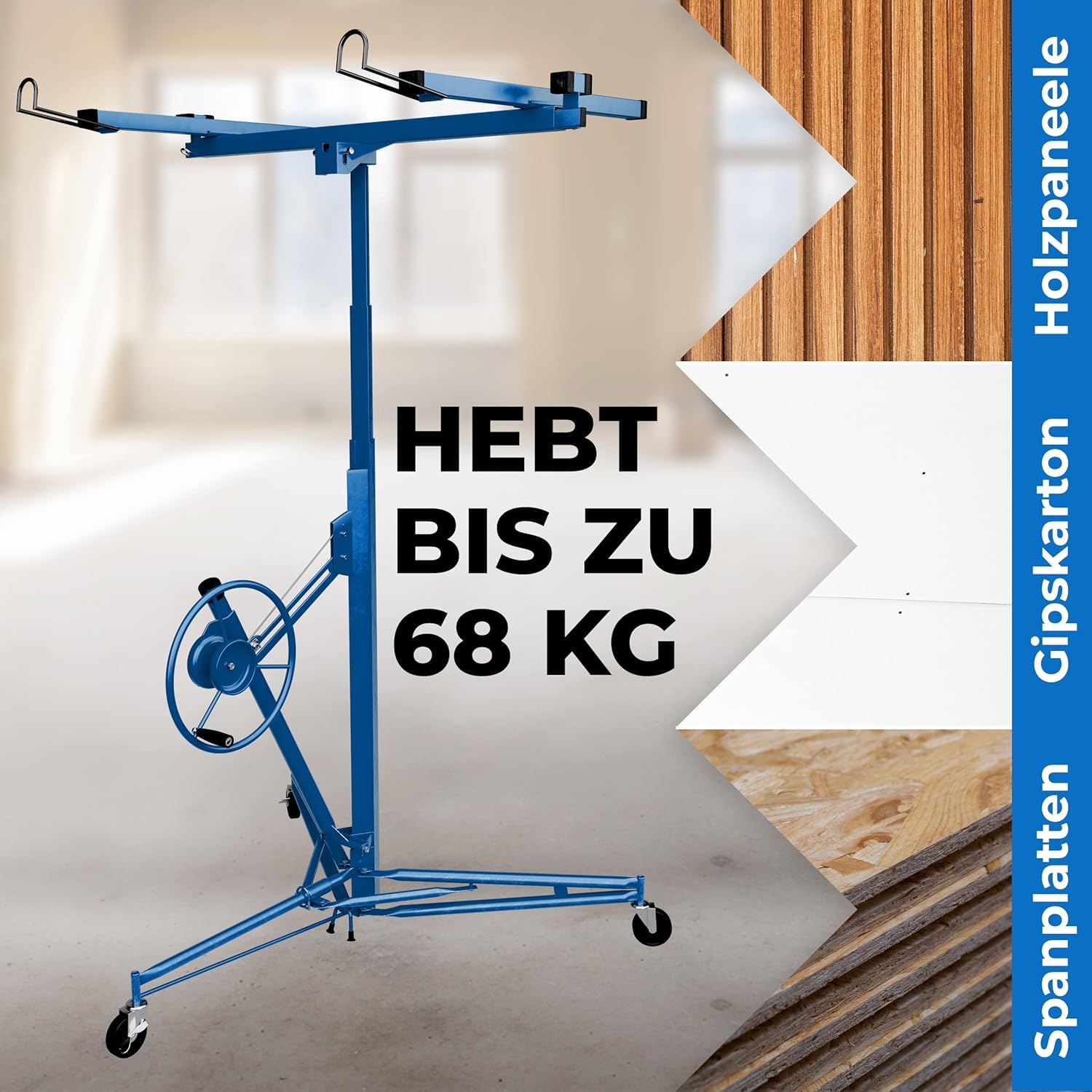 Plattenheber Trockenbau - Plattenlift bis 325cm und 68kg - 1- Mann Plattenlift für Rigipsplatten - für Decken und Wände (Blau)