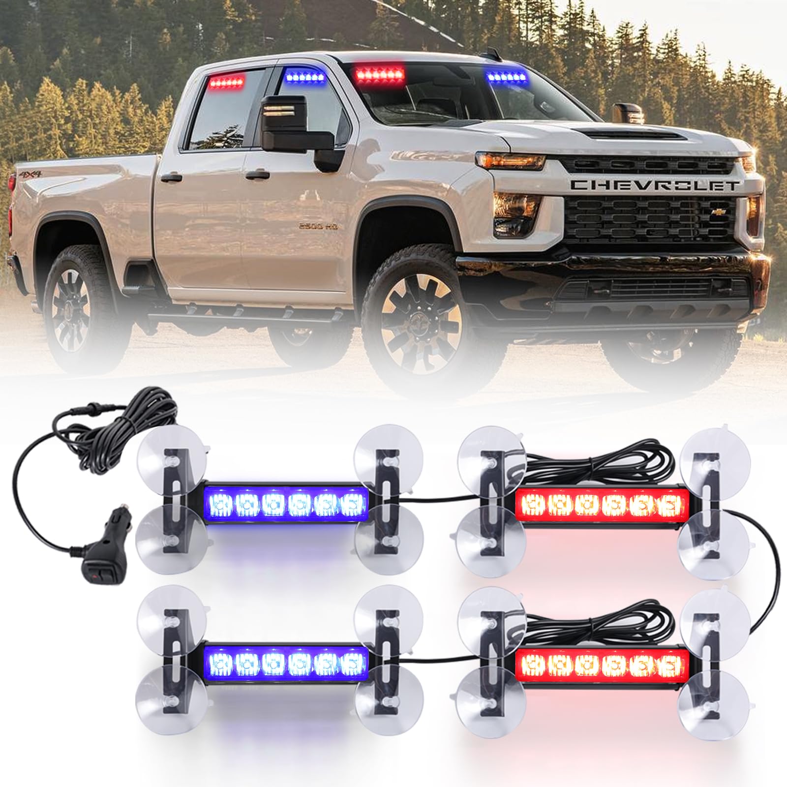 4X 6.1 inch Emergency Strobe Police Lights Red/Blue 24 LED Waterproof Hazard Warning Flashing Safety Dash Front/Rear/Side Windshield Lights for First response vehicle Trucks Car