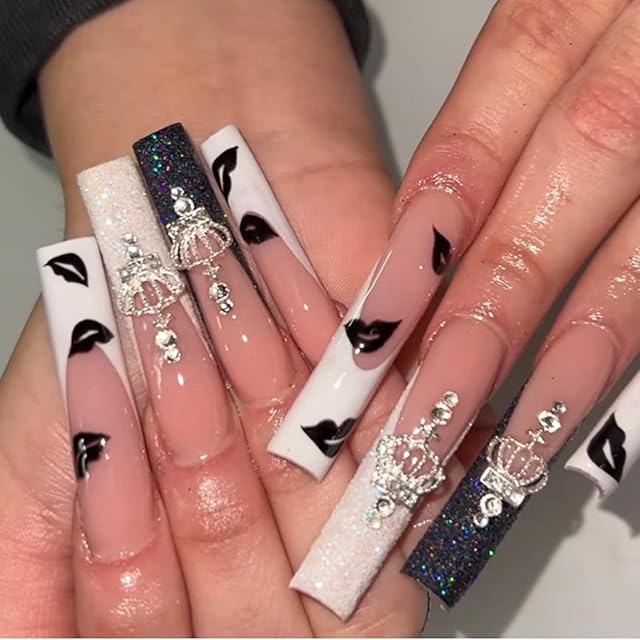 JUSTOTRY 24 Pcs Fake Nails Long, Black and White Glitter French Press on Nails With Diamonds, Nude Medium Ballerina Stick on Nails for Women, Acrylic Coffin False Nails with Glue for Nail Art