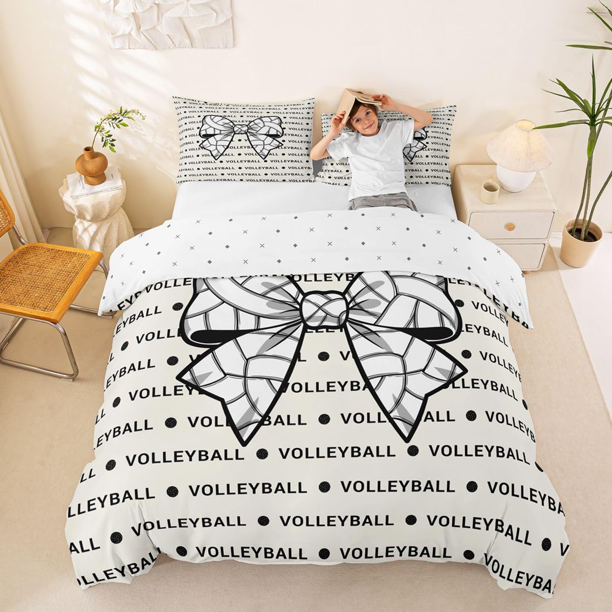 Homewish Siatkówka kokarda pościel podwójne łóżko zestaw kremowa siatkówka sport poszwa na kołdrę miłośnicy piłki geometryczna poszewka na kołdrę czarno-białe zestawy łóżek