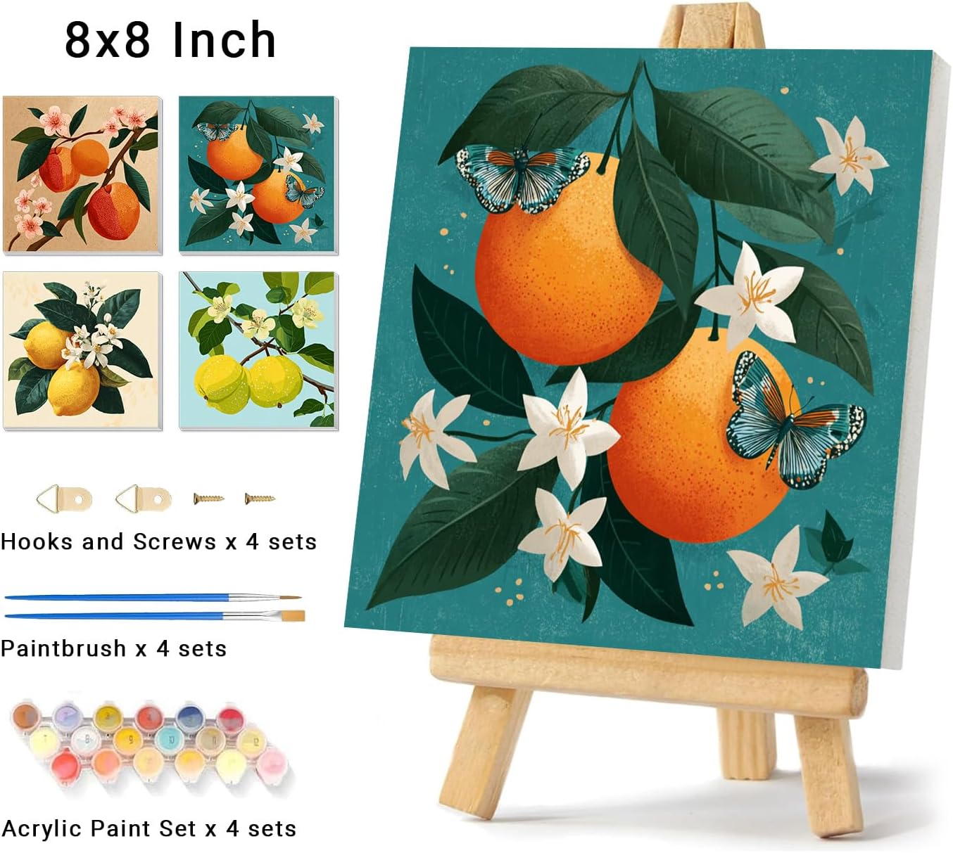 4 Pack Framed Paint By Numbers Kit for Adults Beginner Fruit Adult Paint By Number Kits on Canvas Green Plant Painting By Numbers for Adults with Frame Diy Painting Kits for Home Wall Art 8x8 Inch