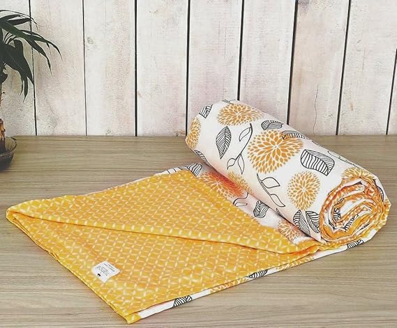 Trance Home Linen Pure Cotton Reversible Dohar Single Bed Size | AC Blanket Comforter | Soft Light-Weight Bed Blanket (56 x 88 inch, Yellow White Flowers Abstract, Pack of 1)