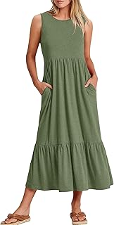 Women Summer Casual Sleeveless Crewneck Sundress Aline Flowy Tiered Maxi Long Beach Dress Vacation Outfits - Buy now