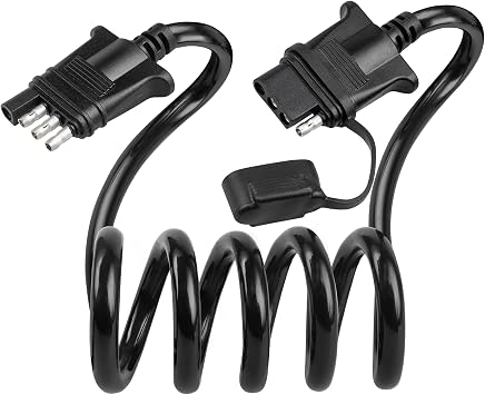 Oyviny 4 Way Flat Trailer Extension Coiled Cable 3 Feet Stretchable 18AWG Vehicle-Side and Trailer-Side 4-Pin Trailer Wiring Harness Pure Copper Wires High Temperature Resistant PU Sheath Protected