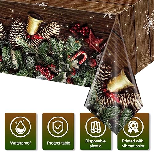 Miniatura 3 de Paquete de 3 manteles de grano de madera marrón navideño, manteles de plástico de madera con purpurina dorada con copos de nieve de Navidad, telón