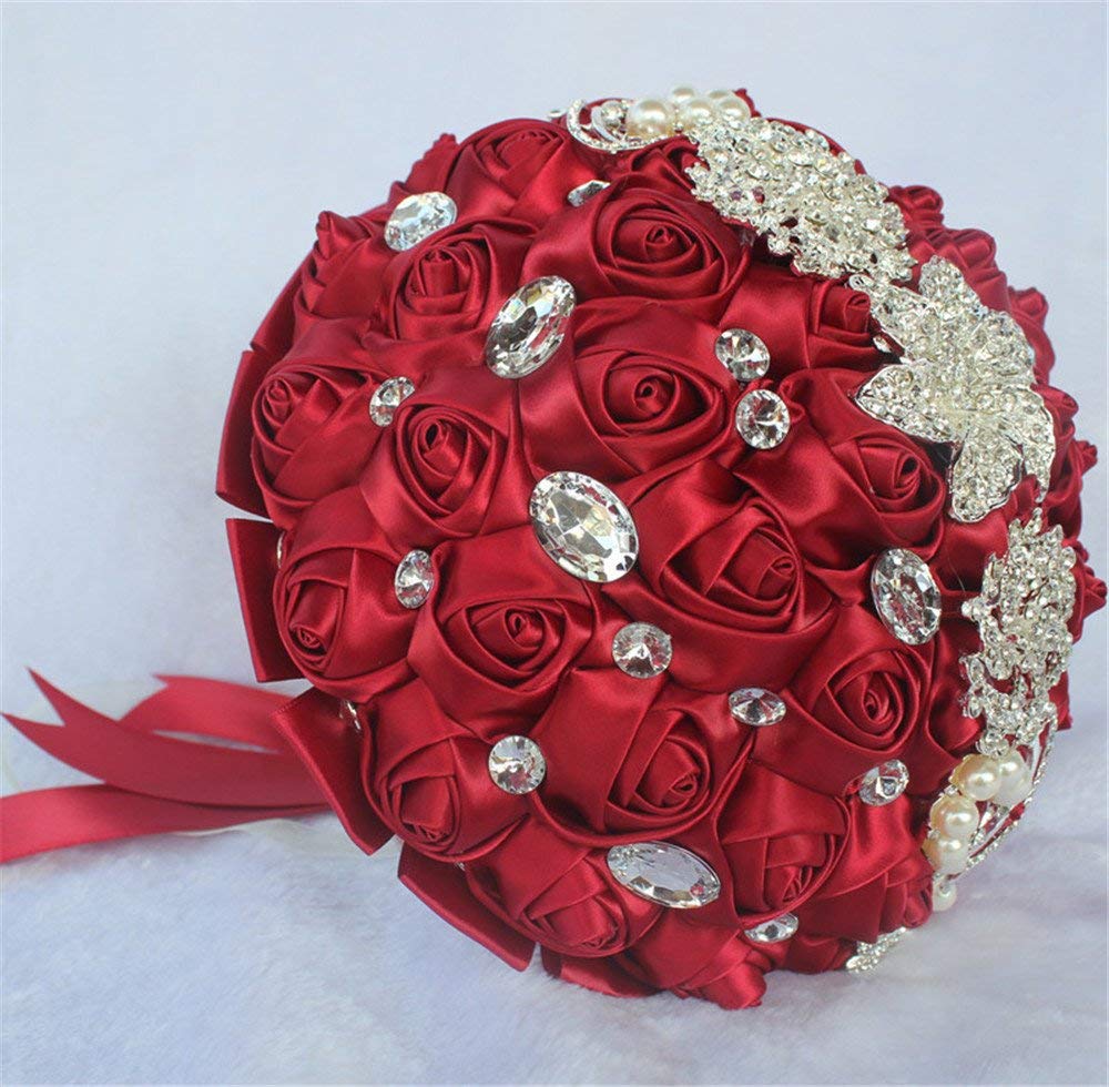 Bouquet de Mariée Mariage Broche Rose Satin Fleur avec Ruban Cristal Strass Decoration Mariage Maison Fête Soirée (Bourgogne)