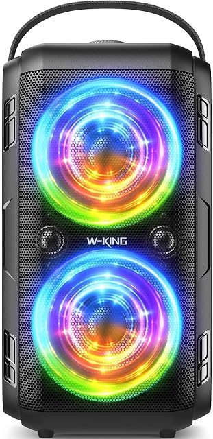 W-KING Bluetooth Speaker Loud, 180W Peak Party Portable Outdoor Haut Parleur Speaker Wireless Boom Box/4 Drivers(2 * 4.04’’ Woofer)-80W Deep Bass Tube, Huge 105dB Sound, Lights/IPX5/EQ/24H/USB/TF/AUX