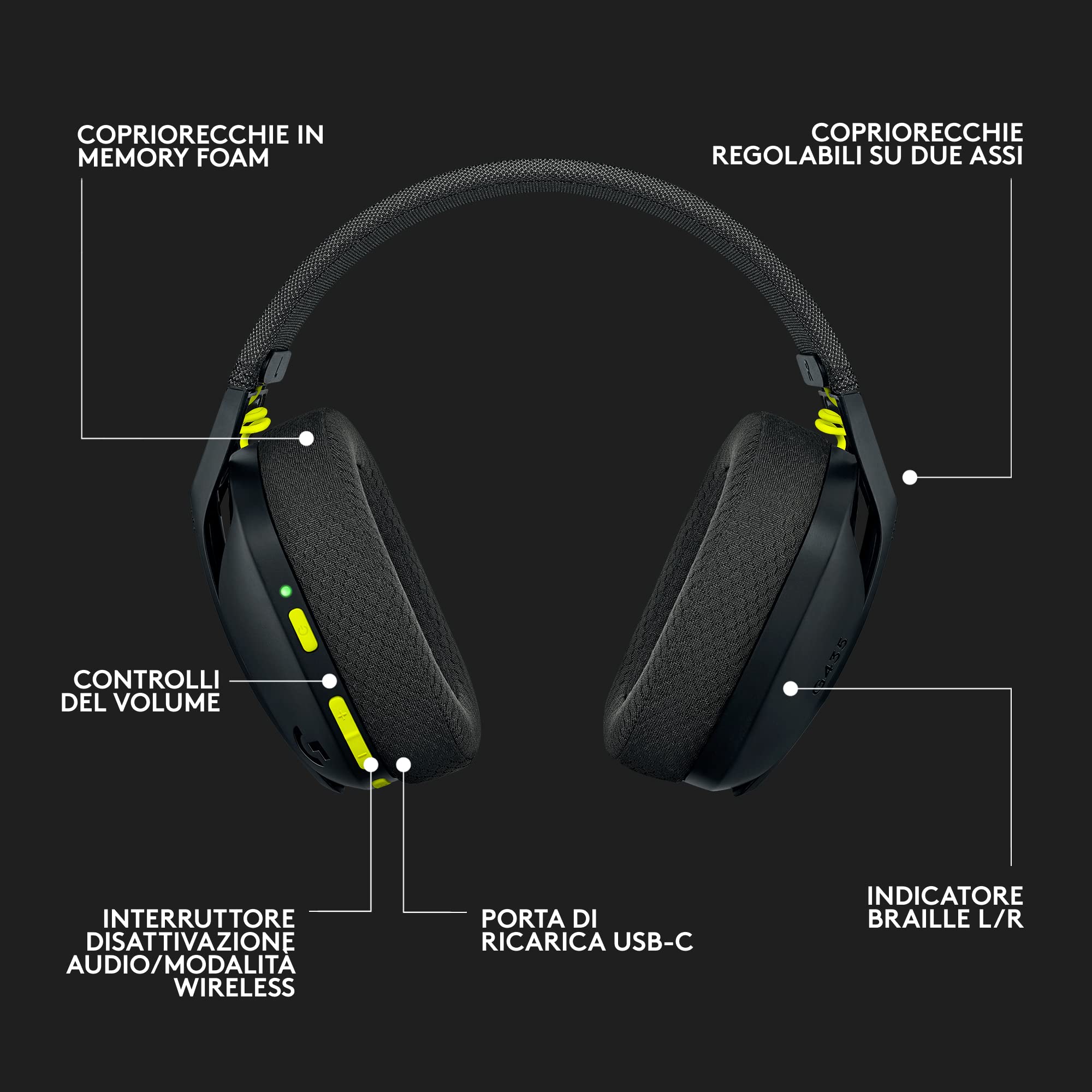 Logitech G G435 Lightspeed Wireless Bluetooth Gaming Headset Over-Ear Lightweight 18h Battery Dolby Atmos PC PS4 PS5 Switch Nero