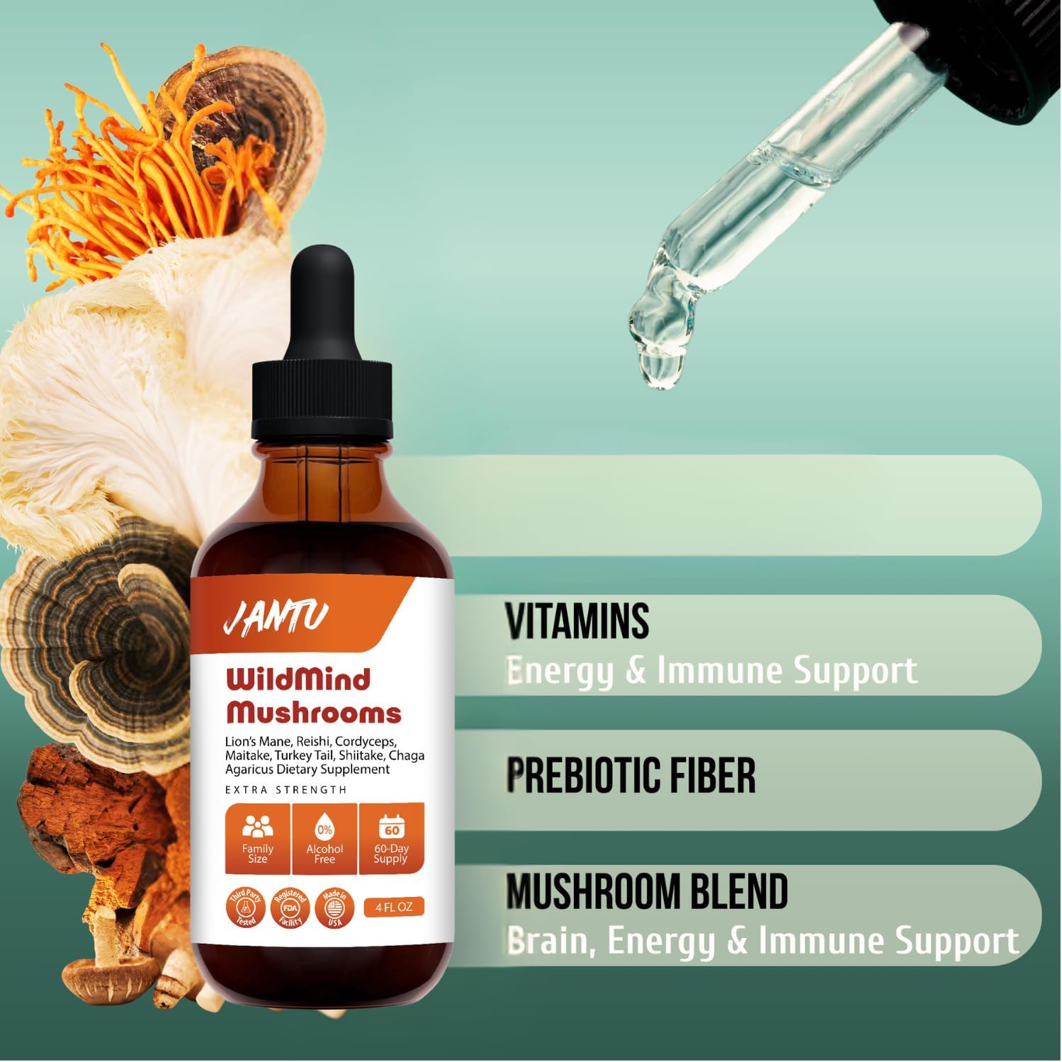 Jantu WildMind Mushrooms Liquid Extract - 60-Day Supply - Brain Booster & Immune Support Drops - Lion`s Mane, Cordyceps, Reishi, Turkey Tails, Chaga, Mitake, Shiitake, Agaricus