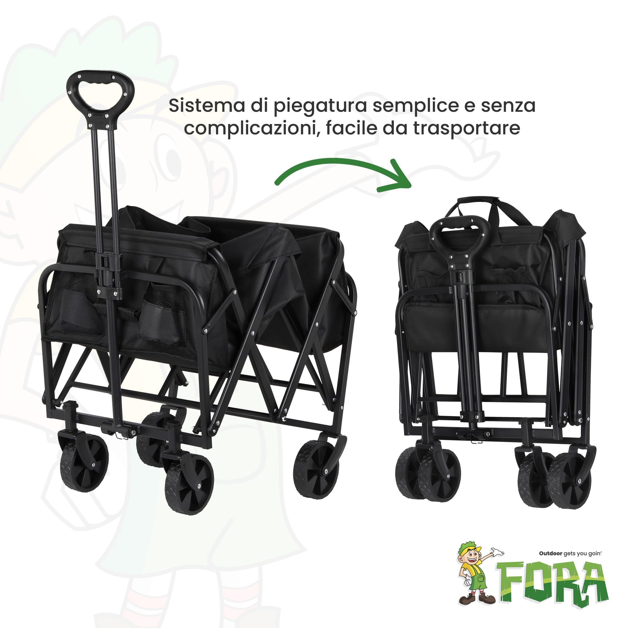 Fora Carrello da trasporto pieghevole con ruote grandi - Carrello multiuso per spiaggia, campeggio, giardino e shopping | struttura robusta, maniglia estensibile regolabile, tessuto impermeabile
