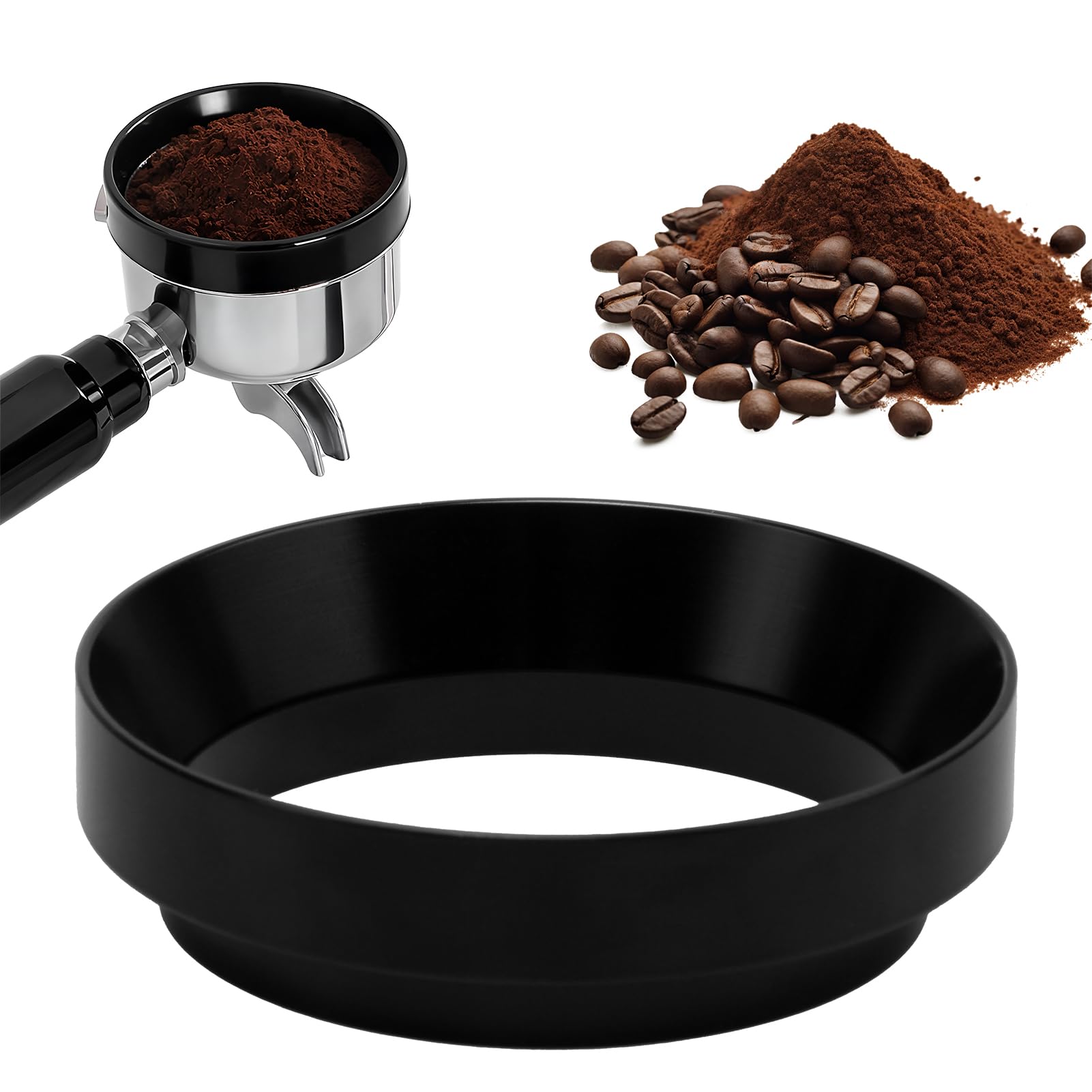 Diseño 2 en 1: Dosificación y nivelación: Coffee dosing ring 58mm más que un simple anillo, su diseño optimizado le permite dosificar el café y, al retirarlo, nivelar suavemente la superficie del café