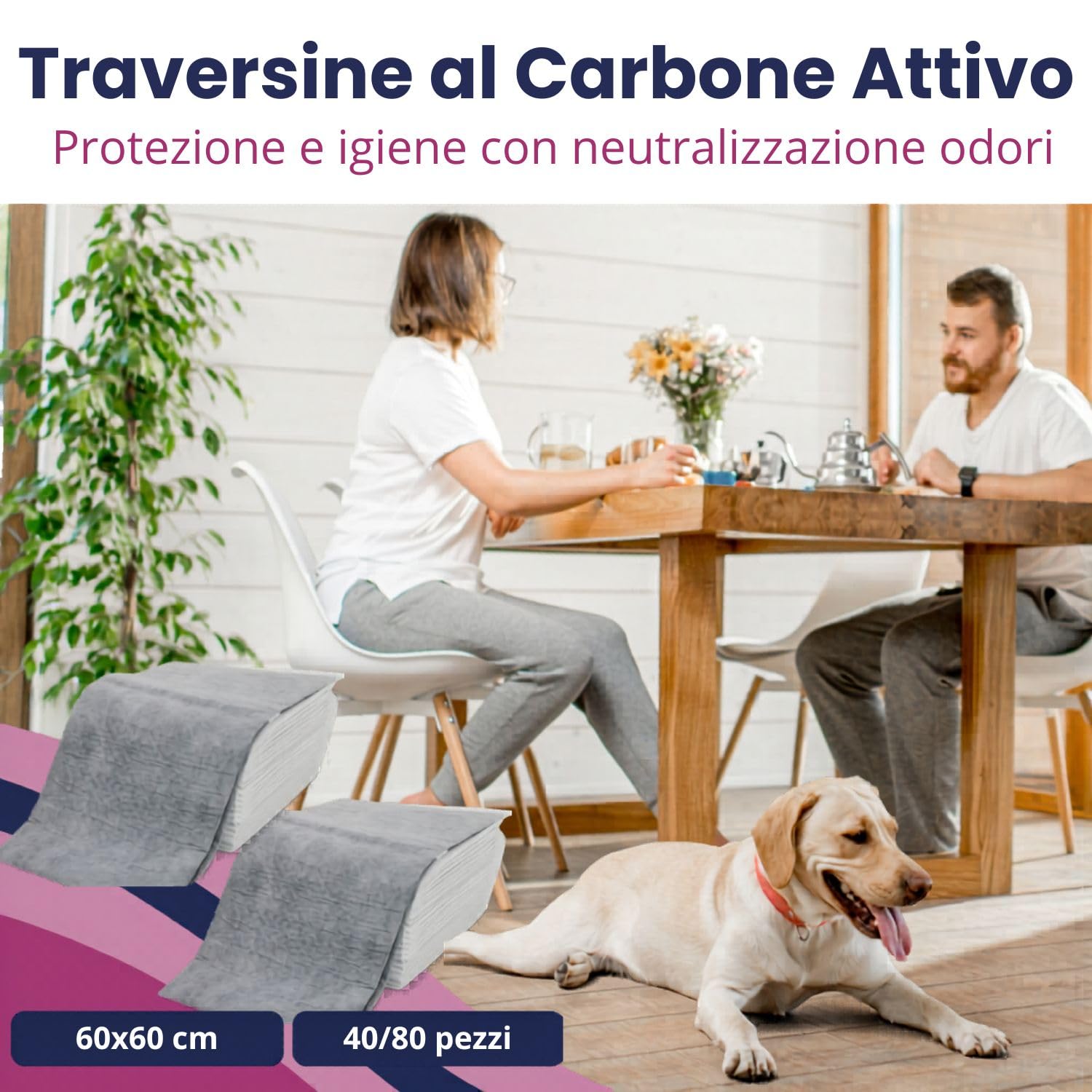 Mama Shop Traversine Perros 60 x 60 al carbón activo, 80 piezas, alfombrillas para adiestramiento de perros y gatos higiénicos, desechables, antiolores con tecnología de polímeros activos súper