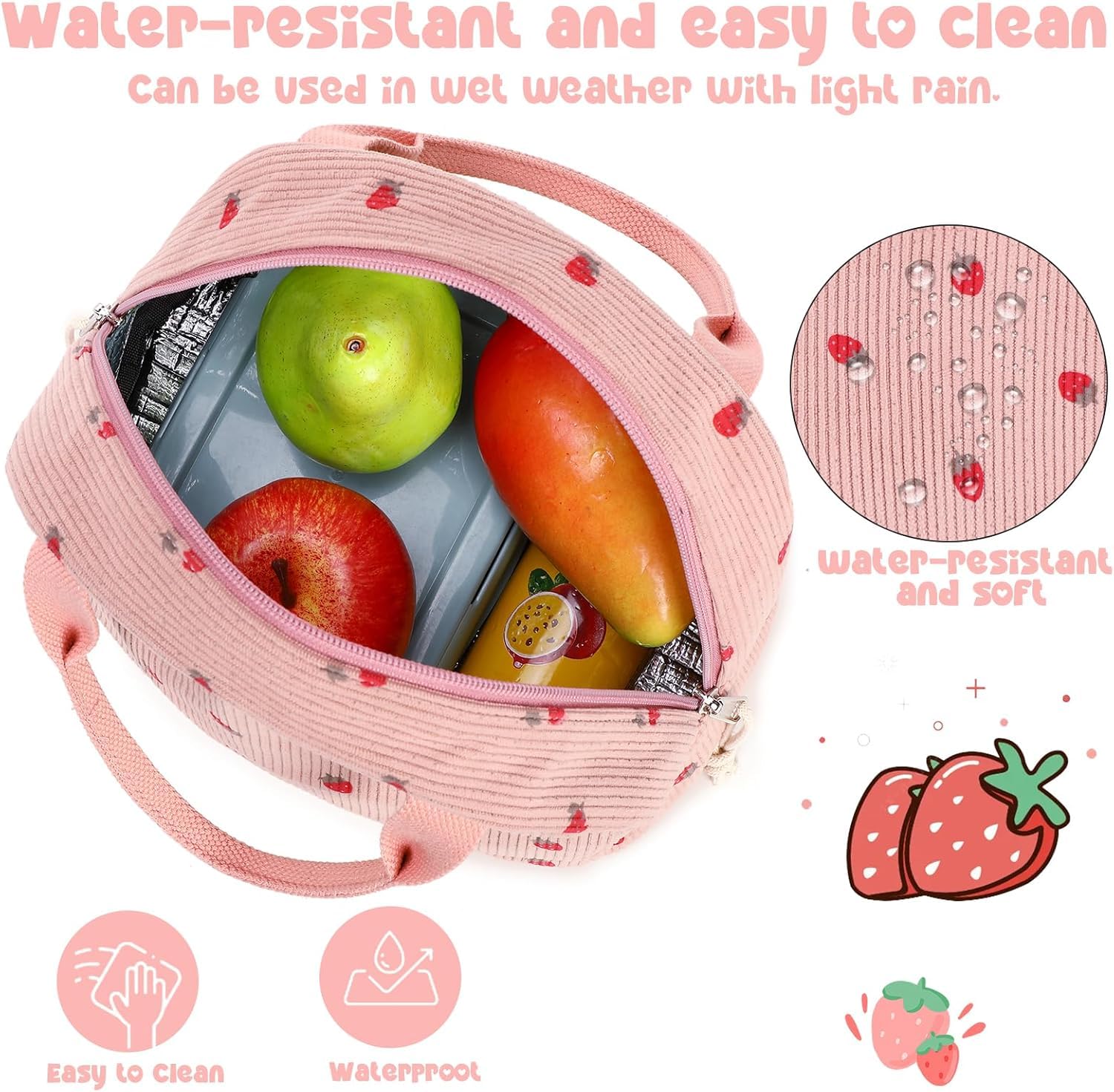 ZAKSTAR Lunch Bag for Kids and Women, Cute Corduroy Lunch Tote Bags, Reusable Insulated Lunch Box - Image 3