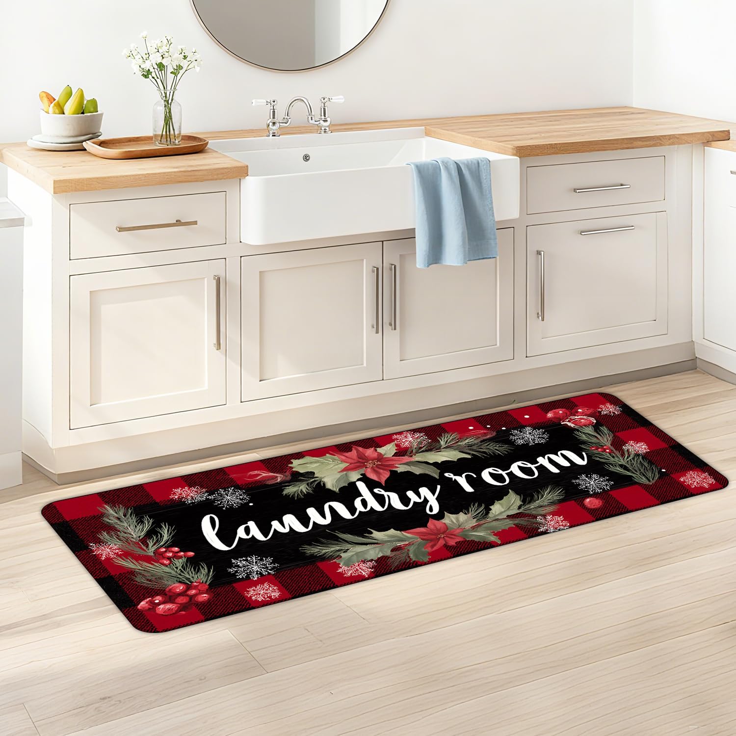 ANNA QUEEN Red Plaid Laundry Room Rug 20x47 Inch – Non Slip Red Plaid Mat for Laundry Room, Kitchen, Entryway, Holiday Decor