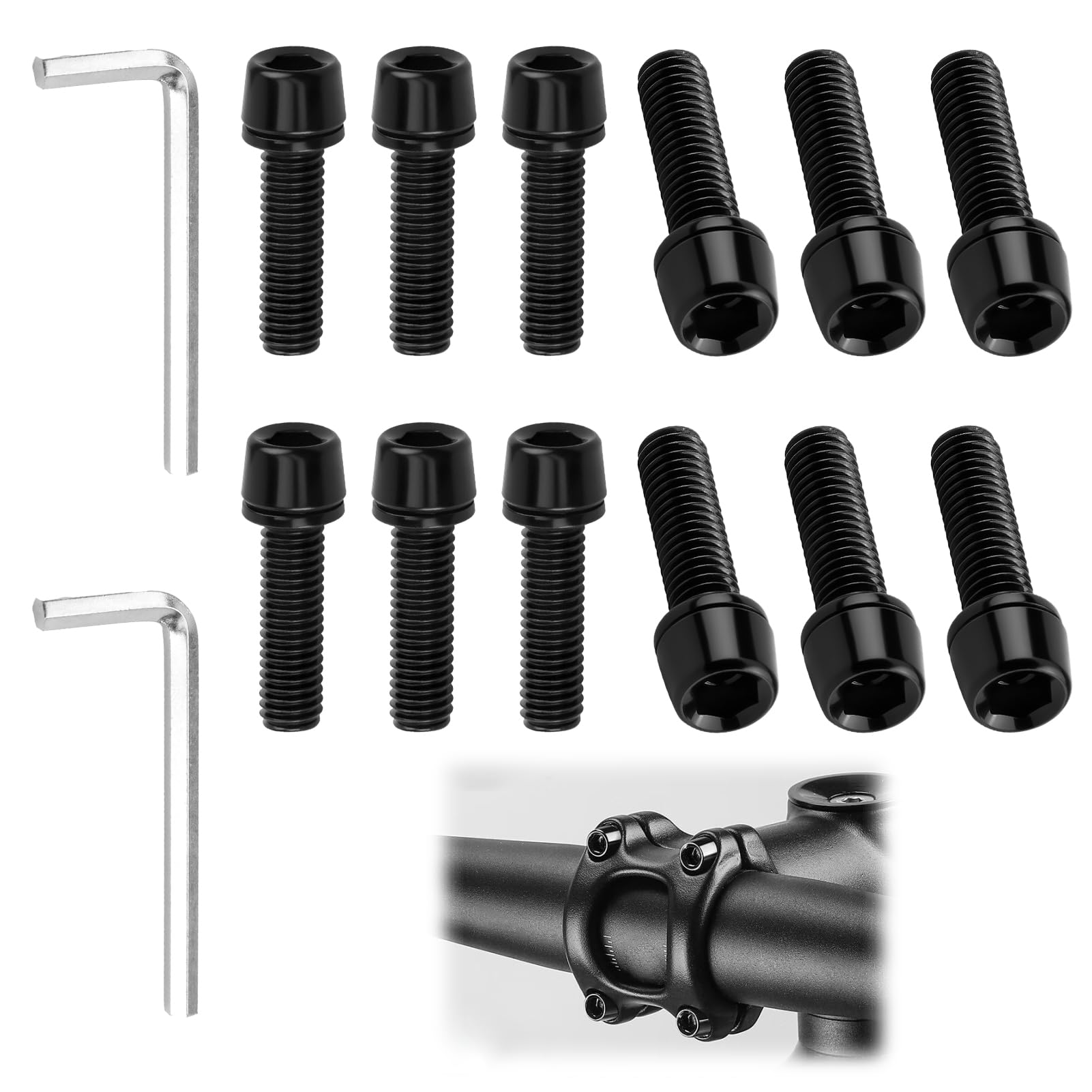 12 Pezzi M5x18mm Bici Stelo Bulloni con Rondella Viti Fisse Acciaio Inox per Stelo Bici Sfiato Nero con Una Chiave a Brugola da 4 mm Vite da Bicicletta per Bike da Strada Kit Riparazione Ciclismo